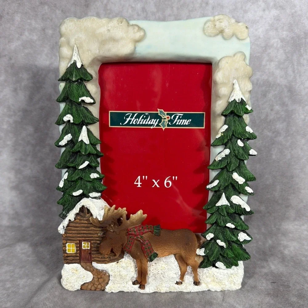Vtg 3D Christmas Picture Frame Moose Log Cabin Country Rustic Holiday Decor NIB